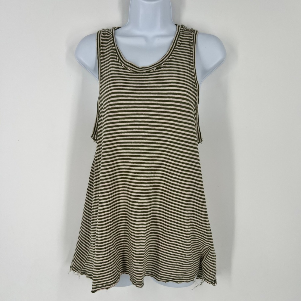 Pilcro Anthropologie Olive Green Striped Linen Cotton Tank‎ Top Coastal Casual